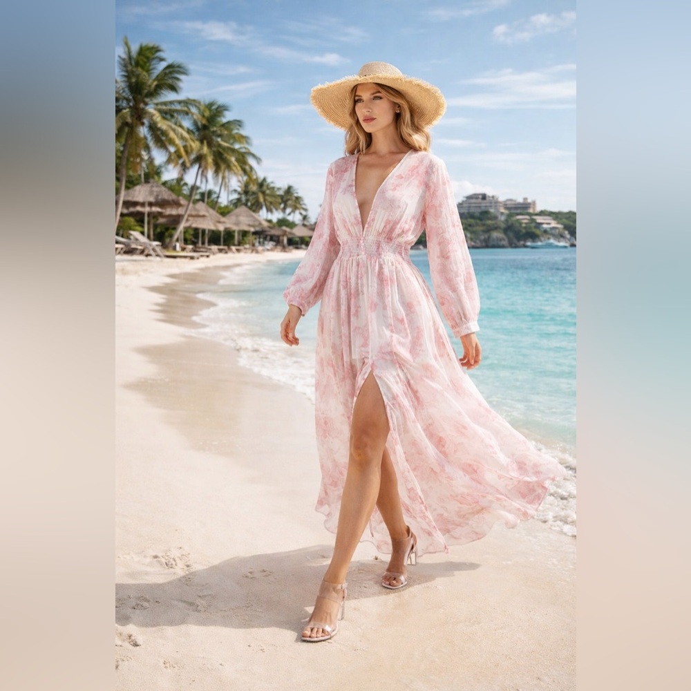 Balance Pink Floral Sheer Maxi Dress | Boho Resort Beach Cover-Up Sz Medium